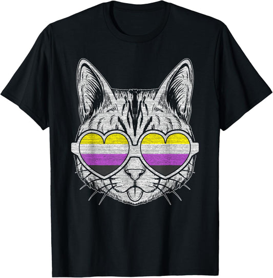 Non-Binary flag colors, Cat with glasses, LGBT Pride T-Shirt