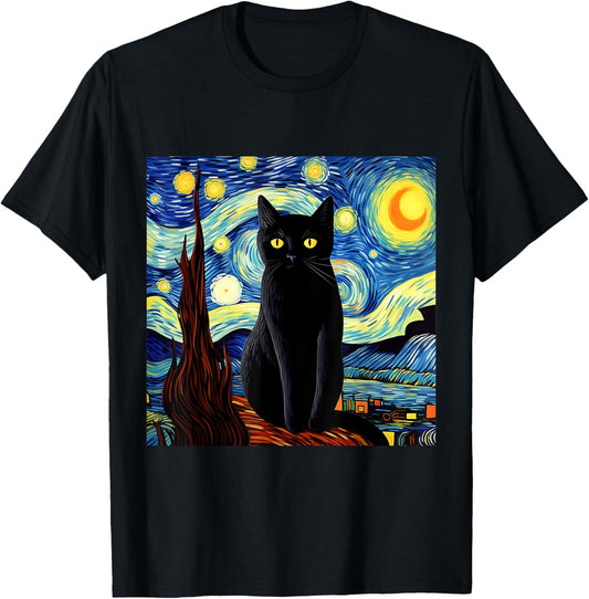 Art Funny Black Cat Painting Artist Van Gogh Starry Night T-Shirt