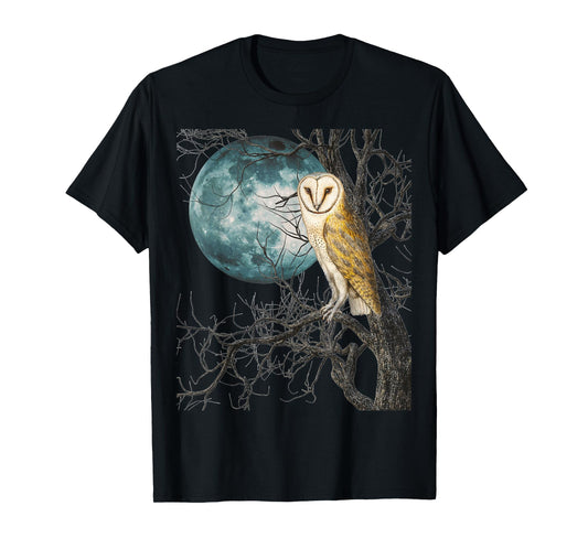 Owl Barn Night Moon Full Vintage Illustration Birder Graphic T-Shirt