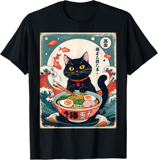 Cat Ramen Japanese Funny Graphic Tees Kawaii Cat Anime Gifts T-Shirt