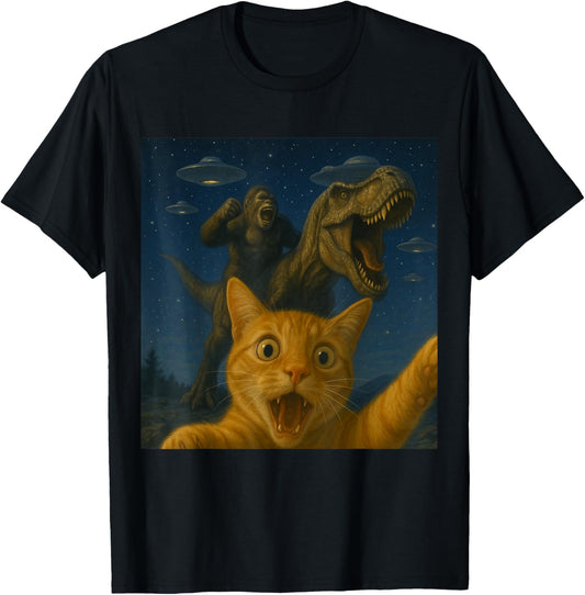 Funny Surprised Scared Cat Selfie T-Rex Dinosaur Bigfoot UFO T-Shirt