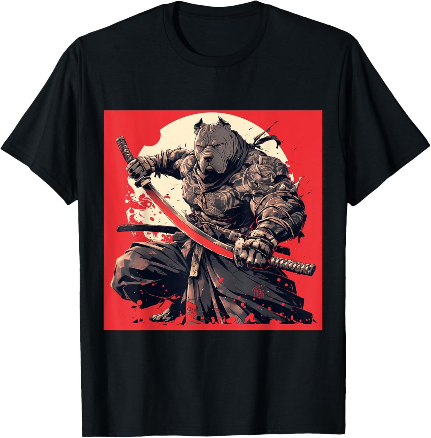 Japanese Art Dog Ninja Ukiyo-e Anime Style Samurai Pitbull T-Shirt
