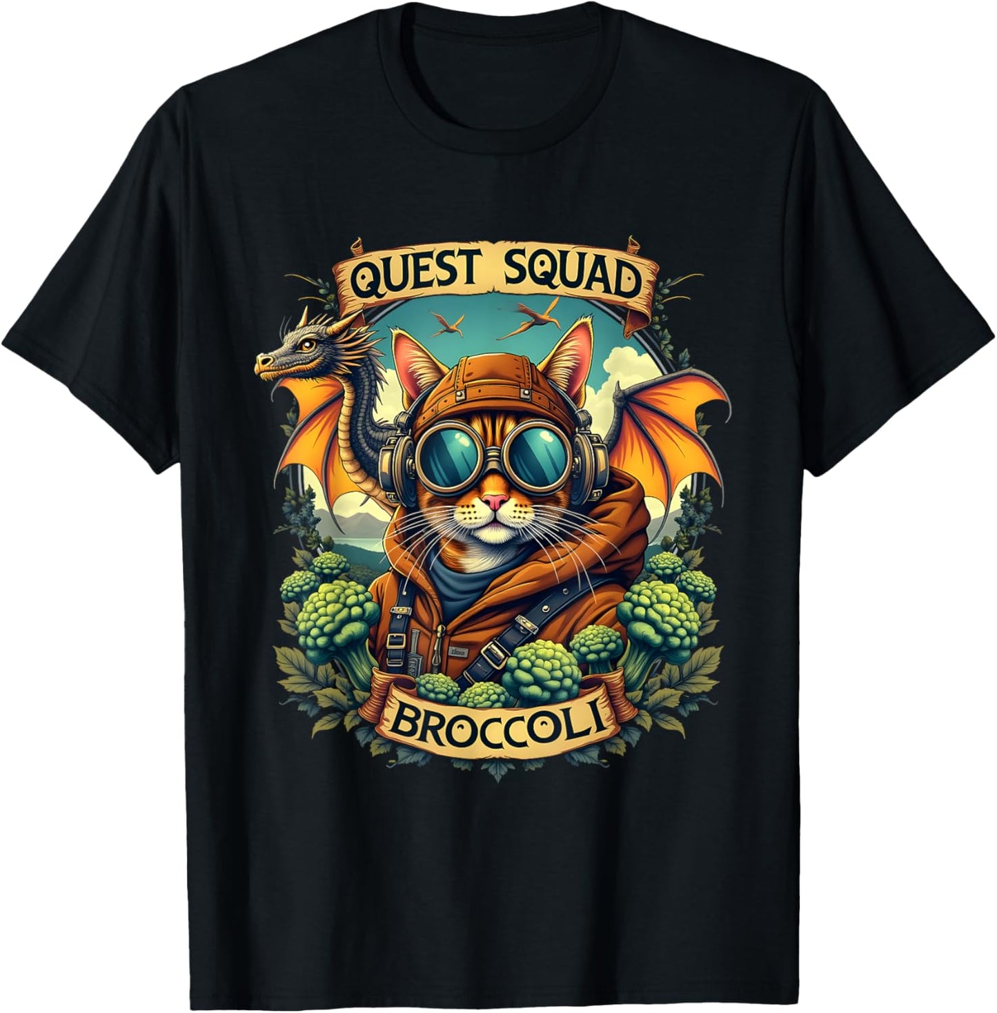 Broccoli Funny Cat Adventures Quest Fantasy Squad T-Shirt