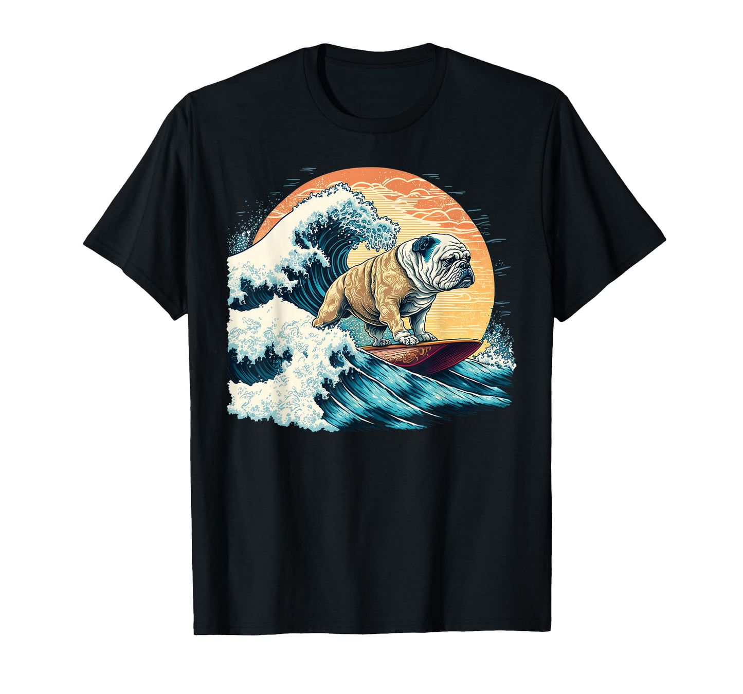 English Bulldog Surfing On the Great Wave of Kanagawa T-Shirt