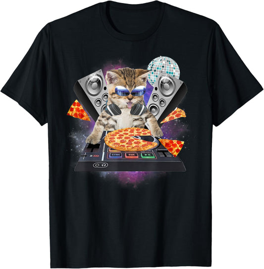 Funny Galaxy DJ Pizza Cat Gift | Space Pizza Kitty Tee T-Shirt