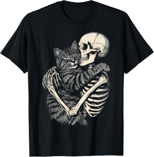Skeleton Hugging Cat Halloween Cat Lover Cat Mom Dad T-Shirt