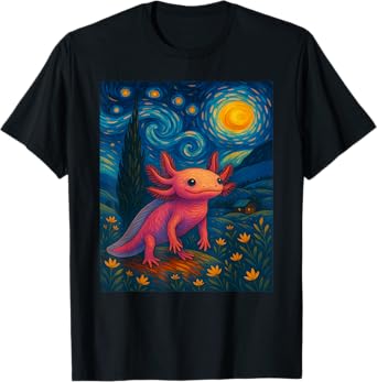 Starry Night Axolotl Van Gogh Style Cute Amphibian Art T-Shirt