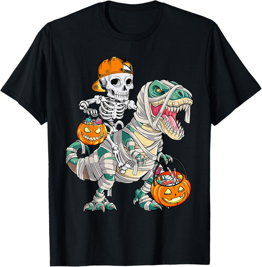 Funny Skeleton Riding Dinosaur Halloween Men Women Kids T-Shirt