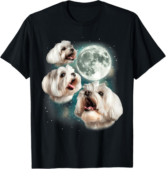 Three Maltese Moon | 3 Cute Howling Dogs Maltese Lover Puppy T-Shirt