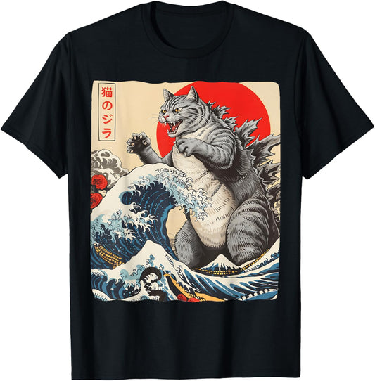 Catzilla Cat Japanese Art Funny Cat Gifts For Men Women Kids T-Shirt