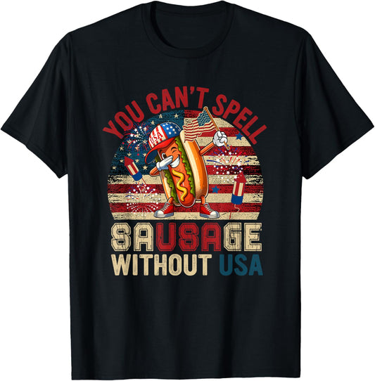 Vintage Can Not Spell Sausage Without USA 4th July US Flag T-Shirt