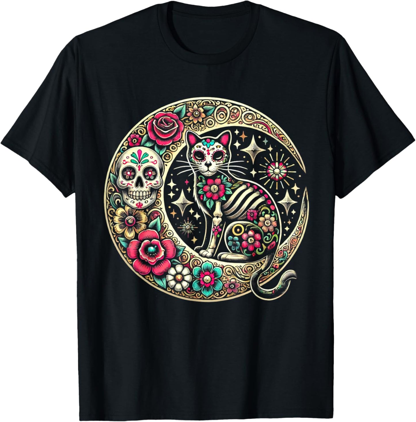 Cat Moon Dia De Los Muertos Day Of The Dead Sugar Skull T-Shirt