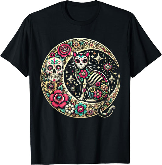 Cat Moon Dia De Los Muertos Day Of The Dead Sugar Skull T-Shirt