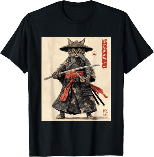 Samurai Cat T-Shirt - Japanese Art Style Warrior Graphic Tee T-Shirt