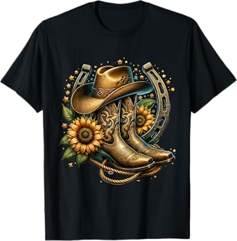 Vintage Rustic Western Country Cowboy Boot Art Tee - Women's Western Themed Floral Boot, Rope & Hat T-Shirt - Black, Small