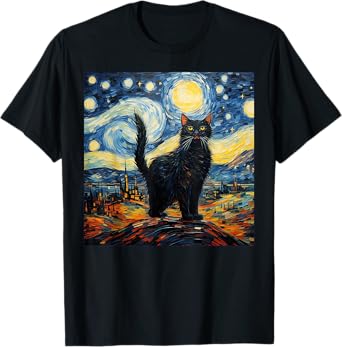 Van Gogh Starry Night Black Cat Gifts for Cats Lover Mom Dad T-Shirt for Men Women Kids