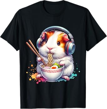 Funny Guinea Pig Listening To Music And Eating Ramen. Ramen T-Shirt