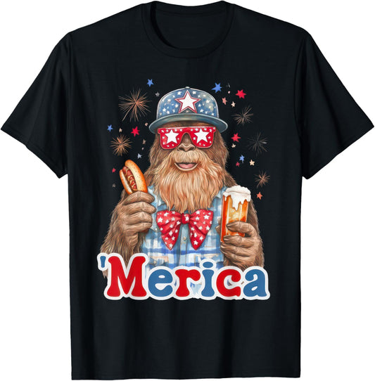 Bigfoot Merica With Hotdog And Beer Patriotic 4th Of July T-Shirt