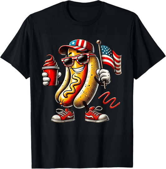 4th of July Hotdog Funny Patriotic USA Flag Boys Men Kids T-Shirt