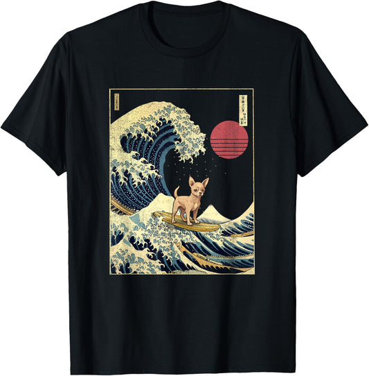 Chihuahua Japanese Kanagawa Wave Funny Surf Dog T-Shirt