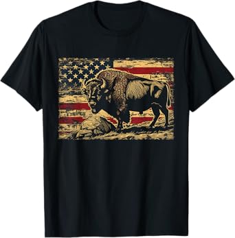 Retro American Flag Cute Animal Bison Lovers Awesome Outfits T-Shirt for Women Kids Men