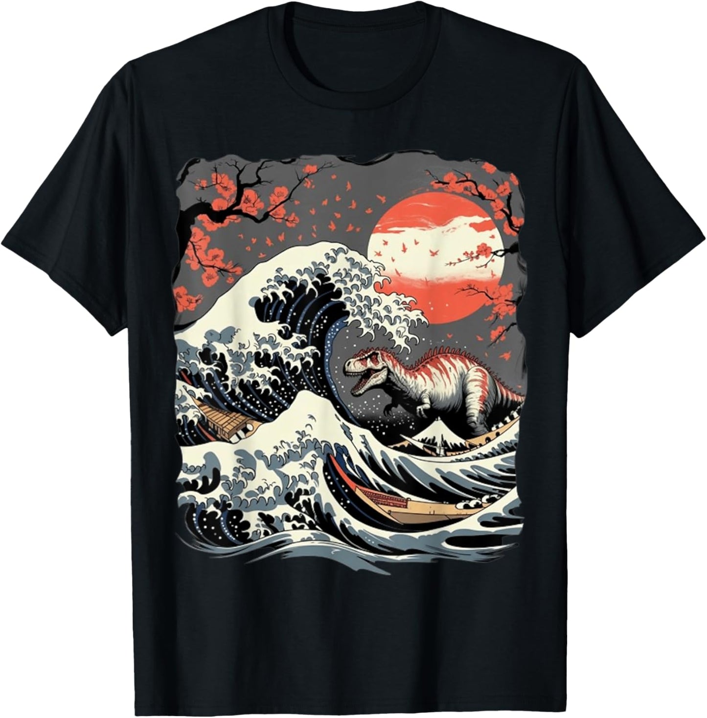 Retro Vintage Japanese Dinosaur The Great Wave Dino Jurassic T-Shirt