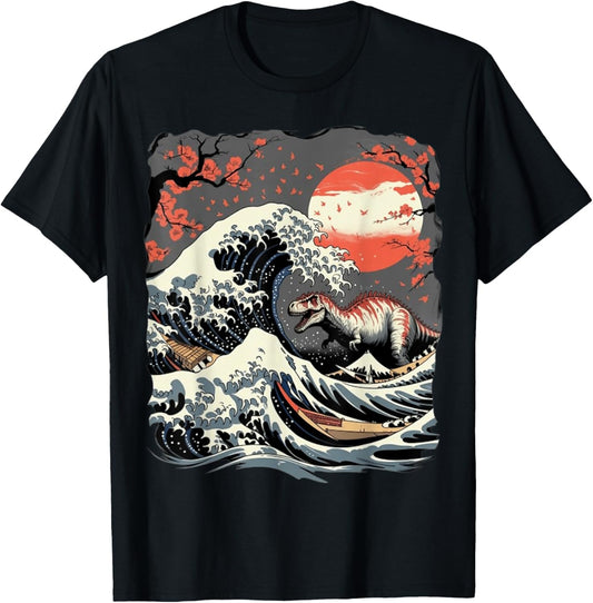 Retro Vintage Japanese Dinosaur The Great Wave Dino Jurassic T-Shirt