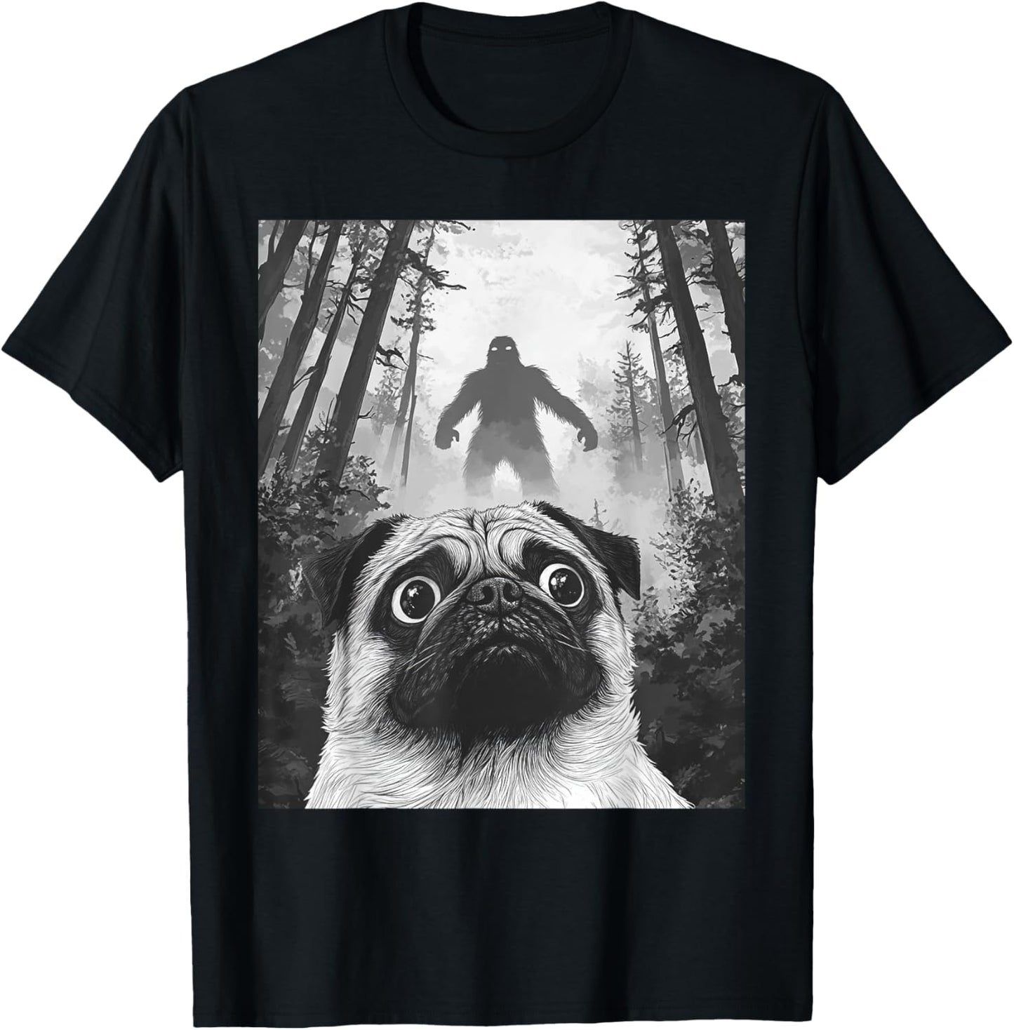 Dog Pug Selfie With Bigfoot Sasquatch Funny T-Shirt