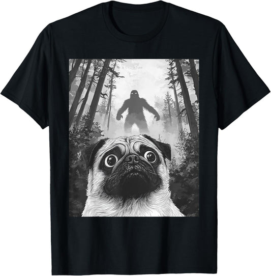 Dog Pug Selfie With Bigfoot Sasquatch Funny T-Shirt