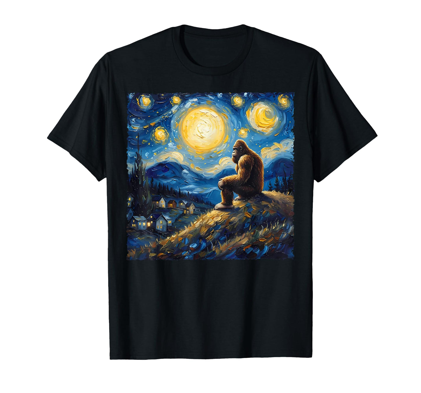 Van Gogh Style Funny Bigfoot Lover Starry Night Painting T-Shirt