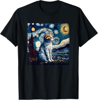 Starry Night Cat Van Gogh Funny Cat Lover Mom Dad T-Shirt for Men