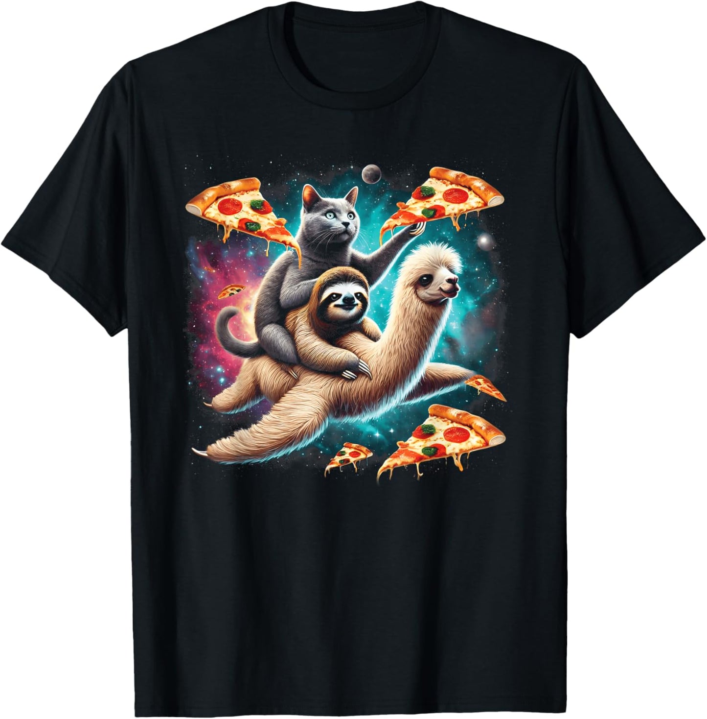 Space Cat Riding Sloth Llama Pizza Floating In Space T-Shirt