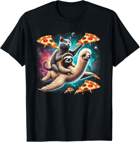 Space Cat Riding Sloth Llama Pizza Floating In Space T-Shirt