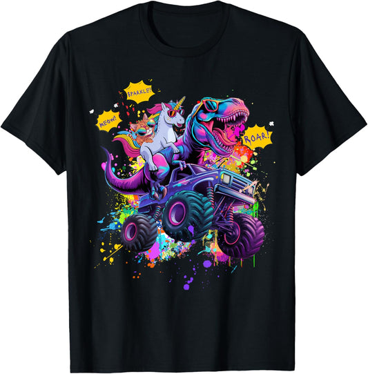 Cat Unicorn Riding Dinosaur Monster Truck Men Women Kids T-Shirt