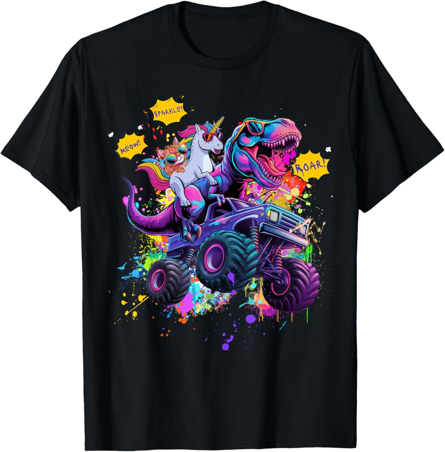 Cat Unicorn Riding Dinosaur Monster Truck T-Shirt