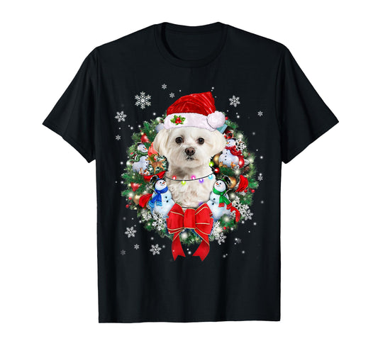 Maltese Christmas Wreath Decoration Xmas Pajamas T-Shirt