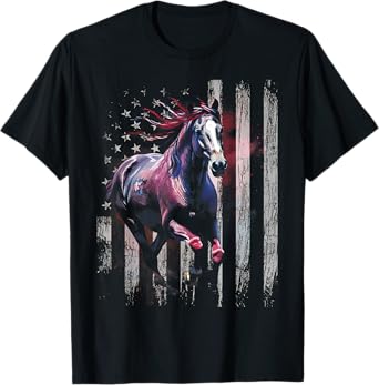 Patriotic Horse American Flag Horseback Riding Western Farm Women Kids Men T-Shirt