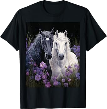 2 Horses standing in a meadow with flowers T-Shirt