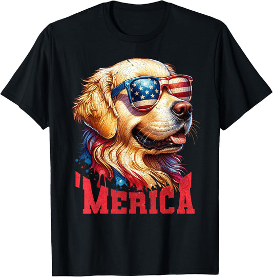 Retro Golden Retriever Dog Glasses USA Pride 4th of July T-Shirt