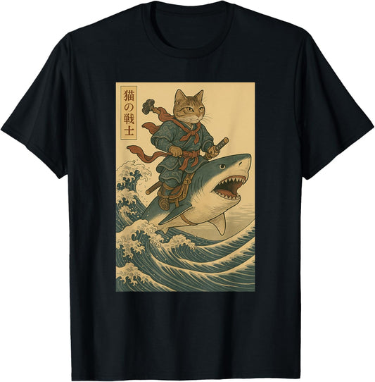 Vintage Anime Cat Japanese Funny Samurai Cat Riding Shark T-Shirt