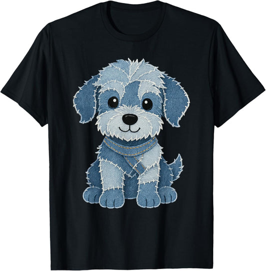 retro funny denim patch animal dog art T-Shirt