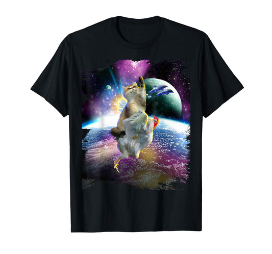 Cat Riding Chicken Space Galaxy Earth T-Shirt
