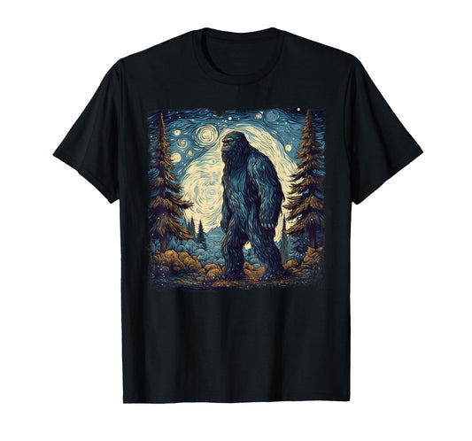 Bigfoot Starry Night Sasquatch Van Gogh Painting T-Shirt
