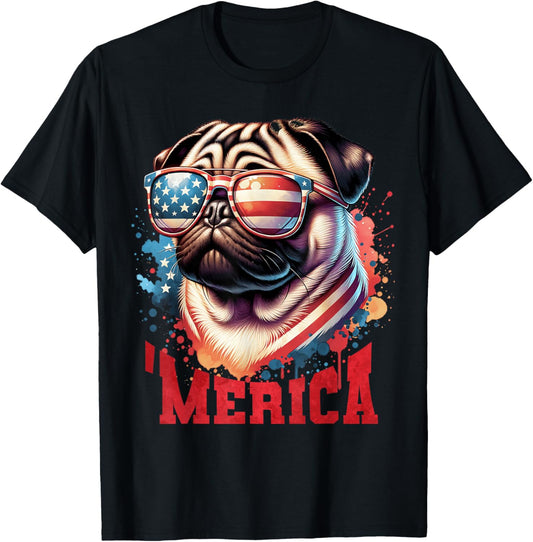 Pug Sunglasses 4th of July Merica USA Flag Dog Lover Men T-Shirt