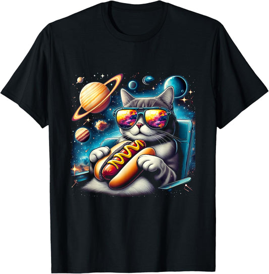 Funny Cat eating Hotdog in space kitty Space Galaxy At Moon T-Shirt