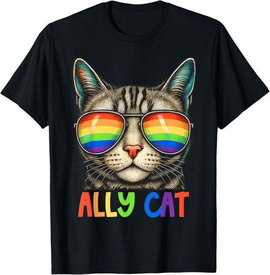 Ally Cat Sunglasses LGBT Support Gay Rainbow Pride Men Women T-Shirt