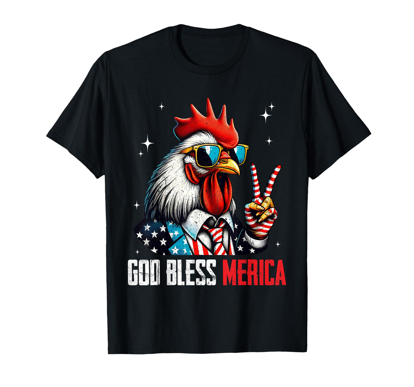 God Bless Merica Chicken Rooster 4th of July American Flag T-Shirt