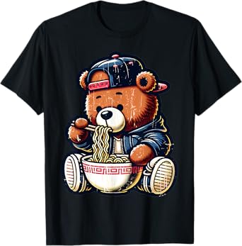 Hip Hop Teddy Bear Eating Ramen Chinese Food Men's Women's T-Shirt