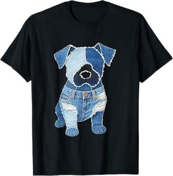 Retro Denim Dog Patchwork Cute Animal denim patch vintage Men Women Kids T-Shirt