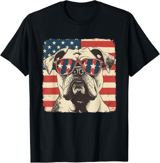 America Flag Bulldog Dog Shirt 4th of July Mens Boys T-Shirt